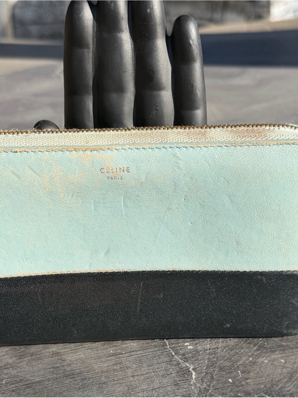 Celine Two-Tone Mint and Black Leather Cosmetic Pouch with Gold Zip